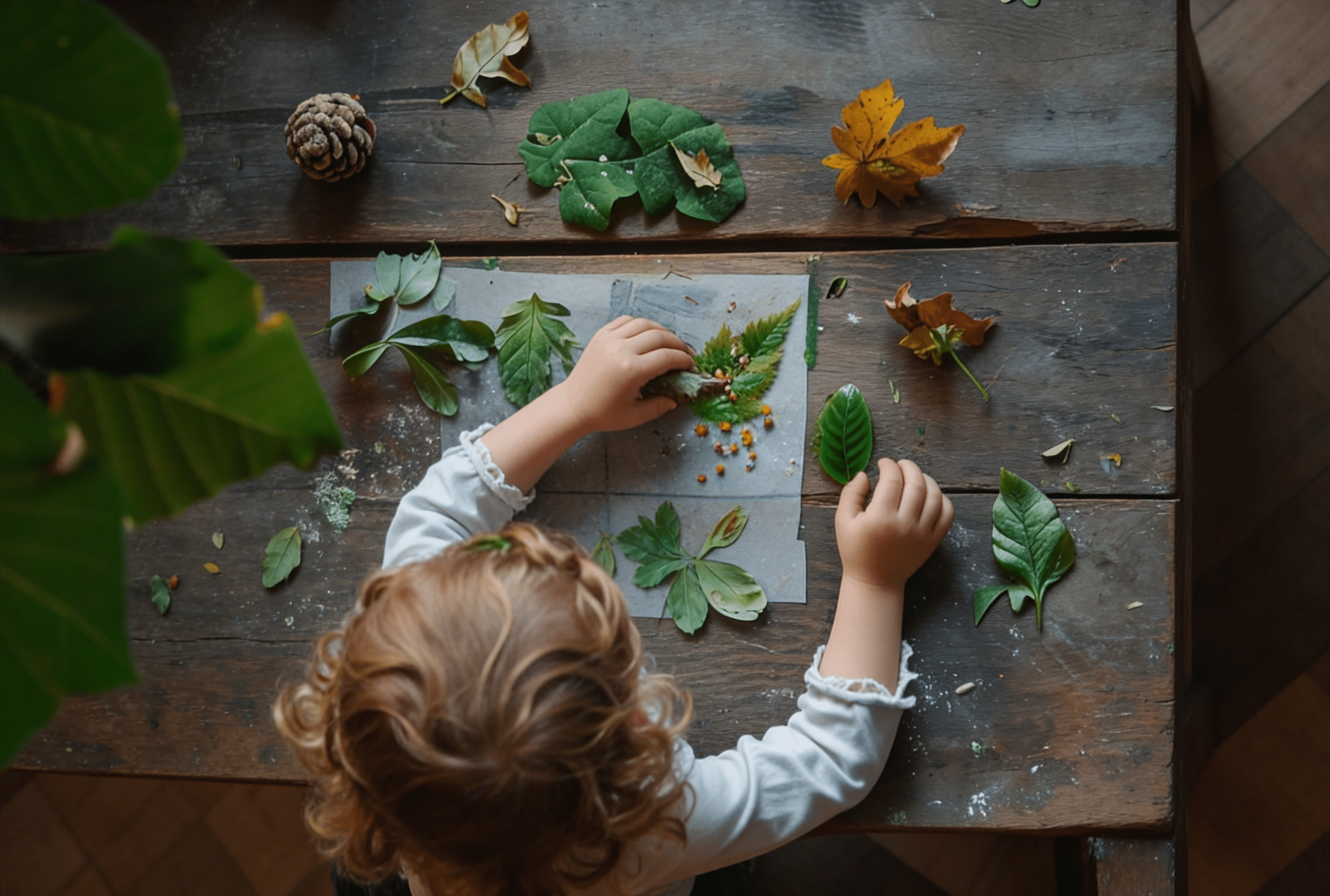 enfant jouant avec des éléments de la nature