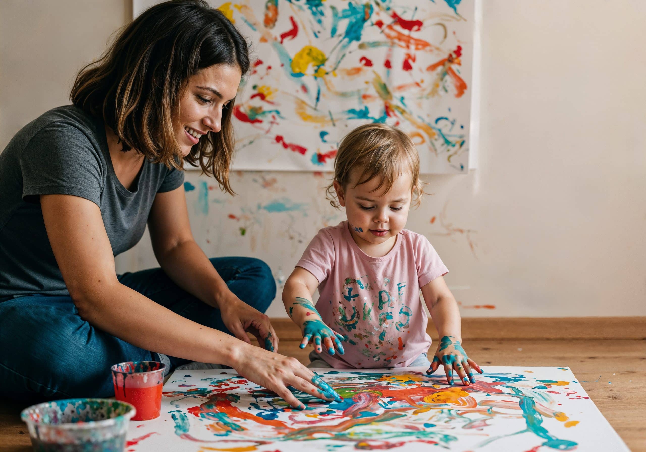 femme faisant de la peinture avec un enfant